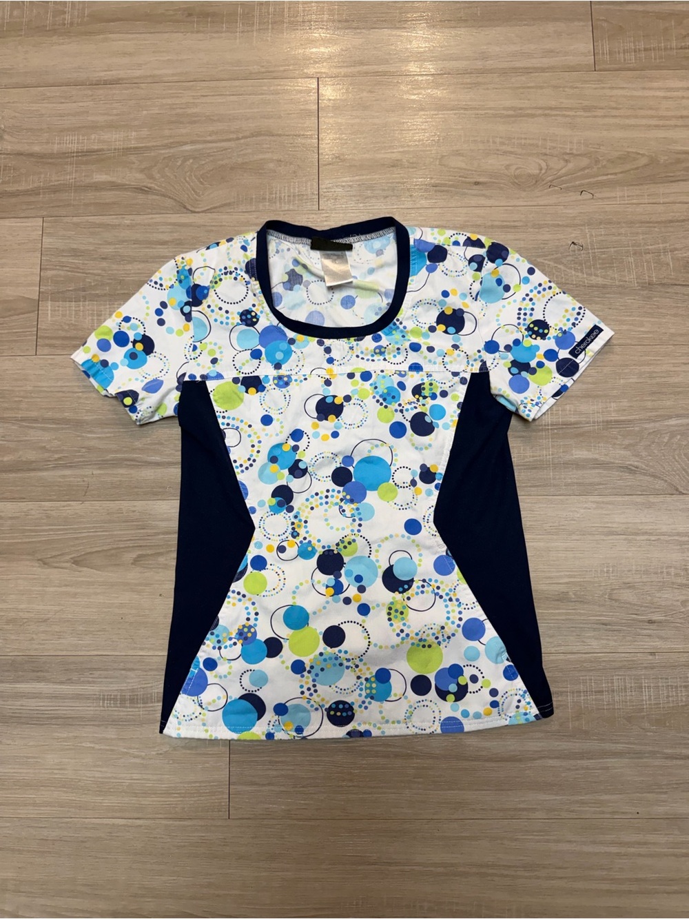 Cherokee Infinity Scrub Top Blue Lime Bubble Print Fitted Stretch XS